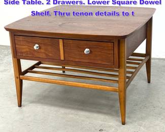 Lot 1222 LANE American Modern Walnut Side Table. 2 Drawers. Lower Square Dowel Shelf. Thru tenon details to t