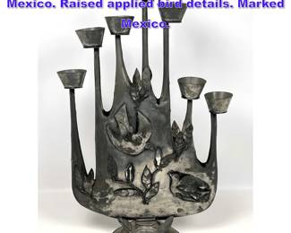 Lot 801 GENE BYRON Punched Tin Menorah. Mexico. Raised applied bird details. Marked Mexico. 