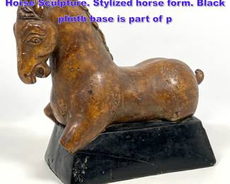Lot 805 Large Patinated Plaster Figural Horse Sculpture. Stylized horse form. Black plinth base is part of p