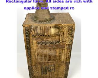 Lot 741 21 Brutalist Pottery Vessel. Large Rectangular form. All sides are rich with applied and stamped re