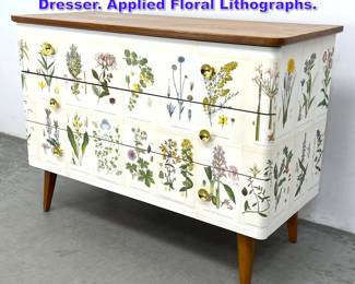 Lot 725 3 Drawer Swedish Flora Chest Dresser. Applied Floral Lithographs.