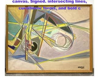 Lot 874 Thomas Eldred abstract painting on canvas. Signed. intersecting lines, curvilinear forms, and bold c