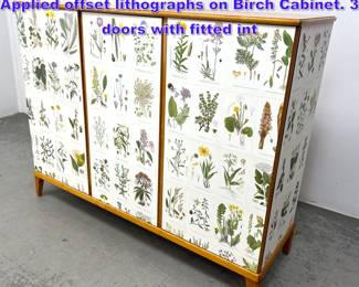 Lot 704 Swedish, Nordens Flora cabinet. Applied offset lithographs on Birch Cabinet. 3 doors with fitted int