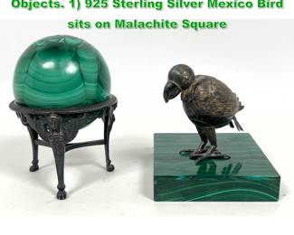 Lot 1693 2pc Malachite Decorative Table Objects. 1 925 Sterling Silver Mexico Bird sits on Malachite Square 
