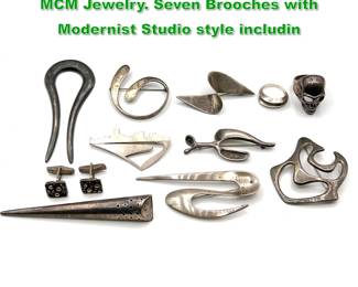Lot 1706 Collection 10pc Sterling and Silver MCM Jewelry. Seven Brooches with Modernist Studio style includin