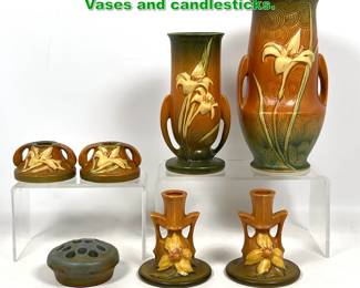 Lot 1908 7pcs Roseville Pottery. Zephyr Lily. Vases and candlesticks. 