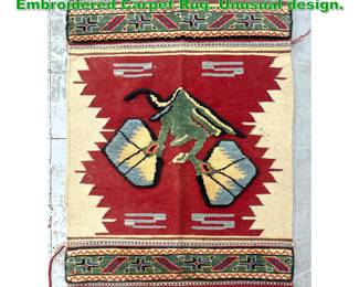 Lot 1597 3 2.5 X 5 1 Interesting Flat weave Embroidered Carpet Rug. Unusual design. 