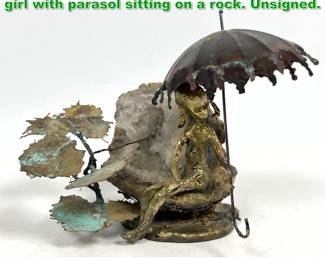 Lot 1829 Malcolm Moran Bronze sculpture, girl with parasol sitting on a rock. Unsigned.
