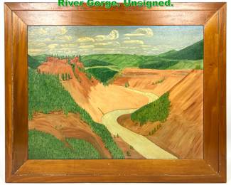 Lot 1656 Folk Art Landscape Painting of River Gorge. Unsigned. 