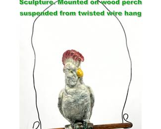 Lot 1755 Majolica style glaze Cockatoo Bird Sculpture. Mounted on wood perch suspended from twisted wire hang