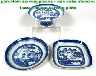 Lot 1786 3pcs Chinese Export Canton porcelain serving pieces rare cake stand or tazza, square serving plate