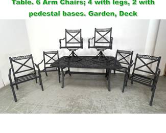 Lot 1538 7pc Black metal Outdoor Dining Table. 6 Arm Chairs 4 with legs, 2 with pedestal bases. Garden, Deck