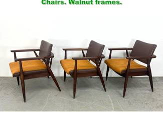 Lot 1518 Set 3 Mid Century Modern Arm Chairs. Walnut frames. 