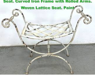 Lot 1535 Italian Iron Regency style Bench Seat. Curved Iron Frame with Rolled Arms. Woven Lattice Seat. Paint