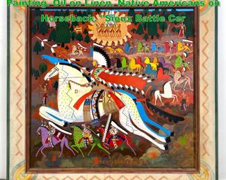 Lot 1613 ALLAN MARDON Vivid Colorful Painting. Oil on Linen. Native Americans on Horseback. Sioux Battle Cer