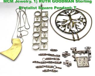 Lot 1704 Collection Modernist and Brutalist MCM Jewelry. 1 RUTH GOODMAN Sterling Brutalist Square Pendant T