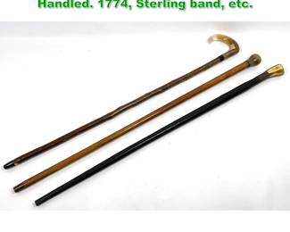 Lot 1717 Lot 3 Canes walking sticks. Horn Handled. 1774, Sterling band, etc.