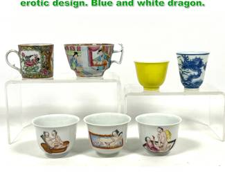 Lot 1765 7pc lot Vintage Chinese tea cups. 3 erotic design. Blue and white dragon. 