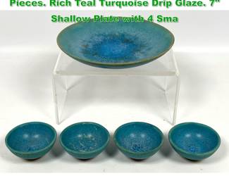 Lot 1831 5pc COHN American Studio Pottery Pieces. Rich Teal Turquoise Drip Glaze. 7 Shallow Plate with 4 Sma