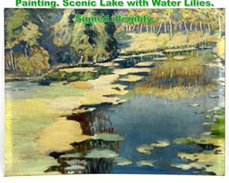 Lot 1633 Original Signed Landscape Painting. Scenic Lake with Water Lilies. Signed illegibly. 