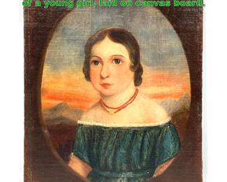 Lot 1667 Antique American folk art portrait of a young girl, laid on canvas board.