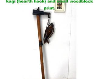 Lot 1924 Japanese Lot. Traditional style jizai kagi hearth hook and small woodblock print. 