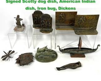 Lot 1898 8pc Objects Lot. Metal Viking Ship, Signed Scotty dog dish, American Indian dish, Iron bug, Dickens 
