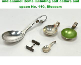 Lot 1686 5pc Georg Jensen sterling silver and enamel items including salt cellars and spoon No. 110, Blossom 