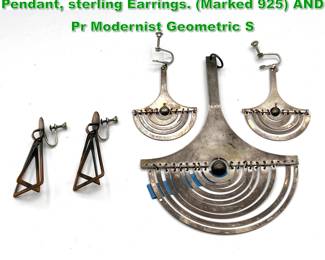 Lot 1702 TAPIO WIRKKALA Sterling Silver Pendant, sterling Earrings. Marked 925 AND Pr Modernist Geometric S