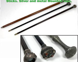 Lot 1715 3pcs Vintage Canes Walking Sticks. Silver and metal Mounted tops. 