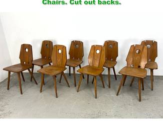 Lot 1475 Set 8 French Brutalist Wood Dining Chairs. Cut out backs.
