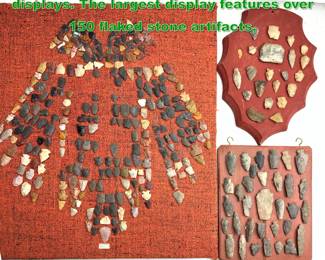 Lot 1881 3 Native American arrowhead displays. The largest display features over 150 flaked stone artifacts, 