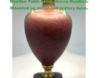 Lot 1921 Mottled Red Glaze Art Pottery Boudoir Table Lamp. Green Handles. Mounted on metal and pottery base. 