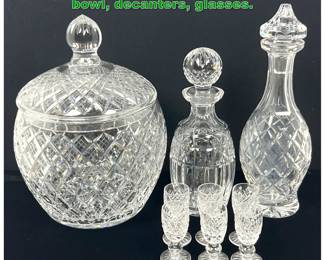 Lot 1909 9pcs Waterford Crystal, Covered bowl, decanters, glasses. 