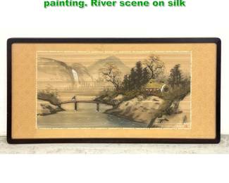 Lot 1757 Signed Japanese landscape painting. River scene on silk