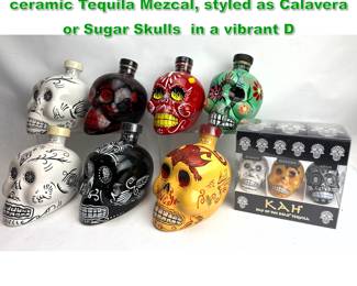 Lot 1960 7pcs KAH and SDV branded ceramic Tequila Mezcal, styled as Calavera or Sugar Skulls in a vibrant D