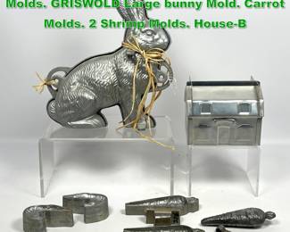 Lot 1933 6pc Vintage Baking and Candy Molds. GRISWOLD Large bunny Mold. Carrot Molds. 2 Shrimp Molds. HouseB