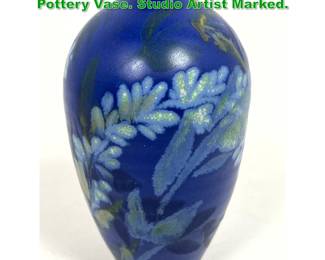 Lot 1828 Blue Matte Glazed Floral image Art Pottery Vase. Studio Artist Marked. 