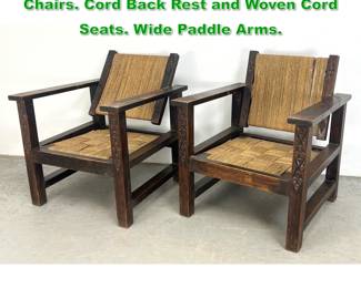Lot 1473 Pr Vintage French Carved Leg Arm Chairs. Cord Back Rest and Woven Cord Seats. Wide Paddle Arms. 