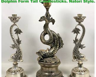 Lot 1874 Dolphin Lamp and Pair Decorative Dolphin Form Tall Candlesticks. Natori Style. 