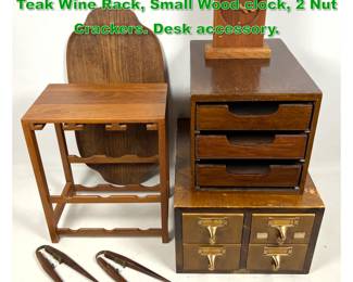 Lot 1878 Vintage Card Catalogue, Teak Tray, Teak Wine Rack, Small Wood clock, 2 Nut Crackers. Desk accessory.