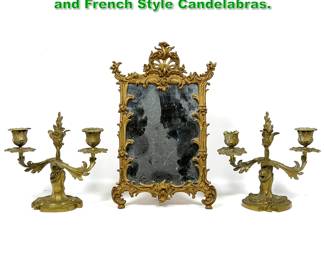 Lot 1743 3pcs Iron and Brass. Rococo Mirror and French Style Candelabras. 