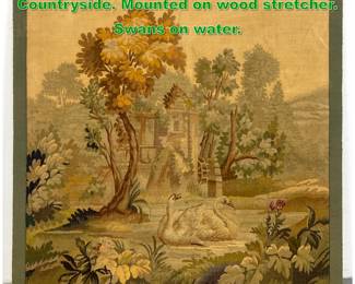 Lot 1719 Aubusson French Tapestry of Countryside. Mounted on wood stretcher. Swans on water. 
