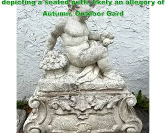 Lot 1541 2 Part Cast stone garden statue depicting a seated putti, likely an allegory of Autumn. Outdoor Gard