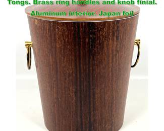 Lot 1847 Vintage Wood Ice Bucket and Tongs. Brass ring handles and knob finial. Aluminum interior. Japan foil