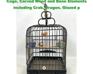 Lot 1894 Vintage Wicker Finch Asian Bird Cage. Carved Wood and Bone Elements including Crab, Dragon. Glazed p