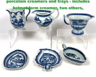 Lot 1790 5pcs Chinese Export Canton porcelain creamers and trays includes helmetform creamer, two others, 