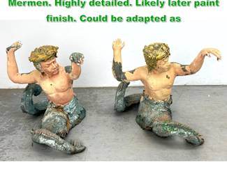 Lot 1552 Pr Polychrome Metal Figural Mermen. Highly detailed. Likely later paint finish. Could be adapted as 