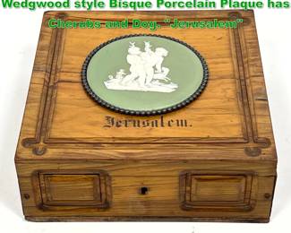 Lot 1749 Vintage Wood Hinged Lid Box. Wedgwood style Bisque Porcelain Plaque has Cherubs and Dog. Jerusalem