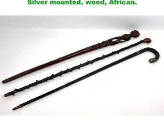 Lot 1716 3pcs Vintage Cane Walking Sticks. Silver mounted, wood, African. 